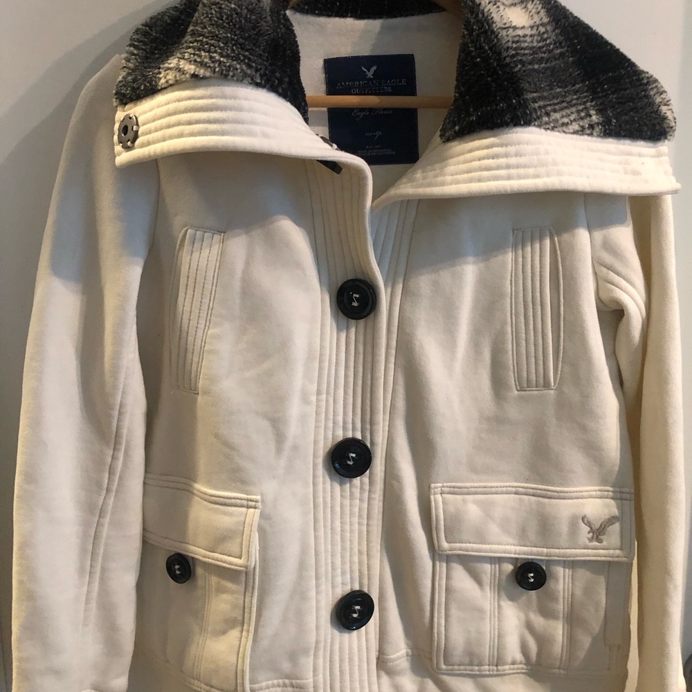 American Eagle Outfitters Cream Bomber Jacket with Black Plaid Collar - Picture 7 of 13